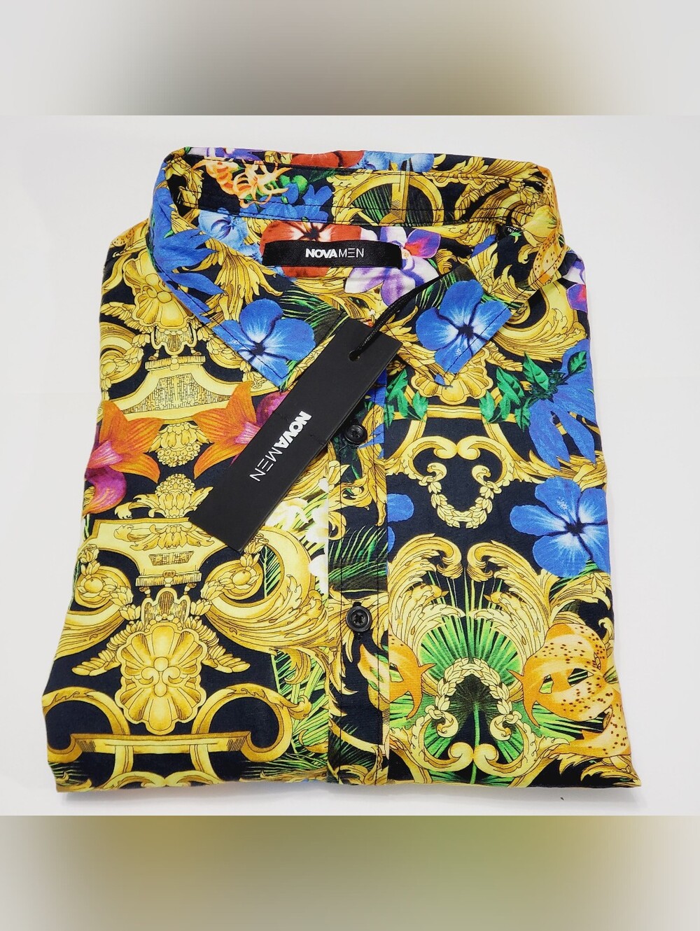NovaMen Men's Casual Long Sleeve Shirt Colorful Tropical Floral Pattern Large